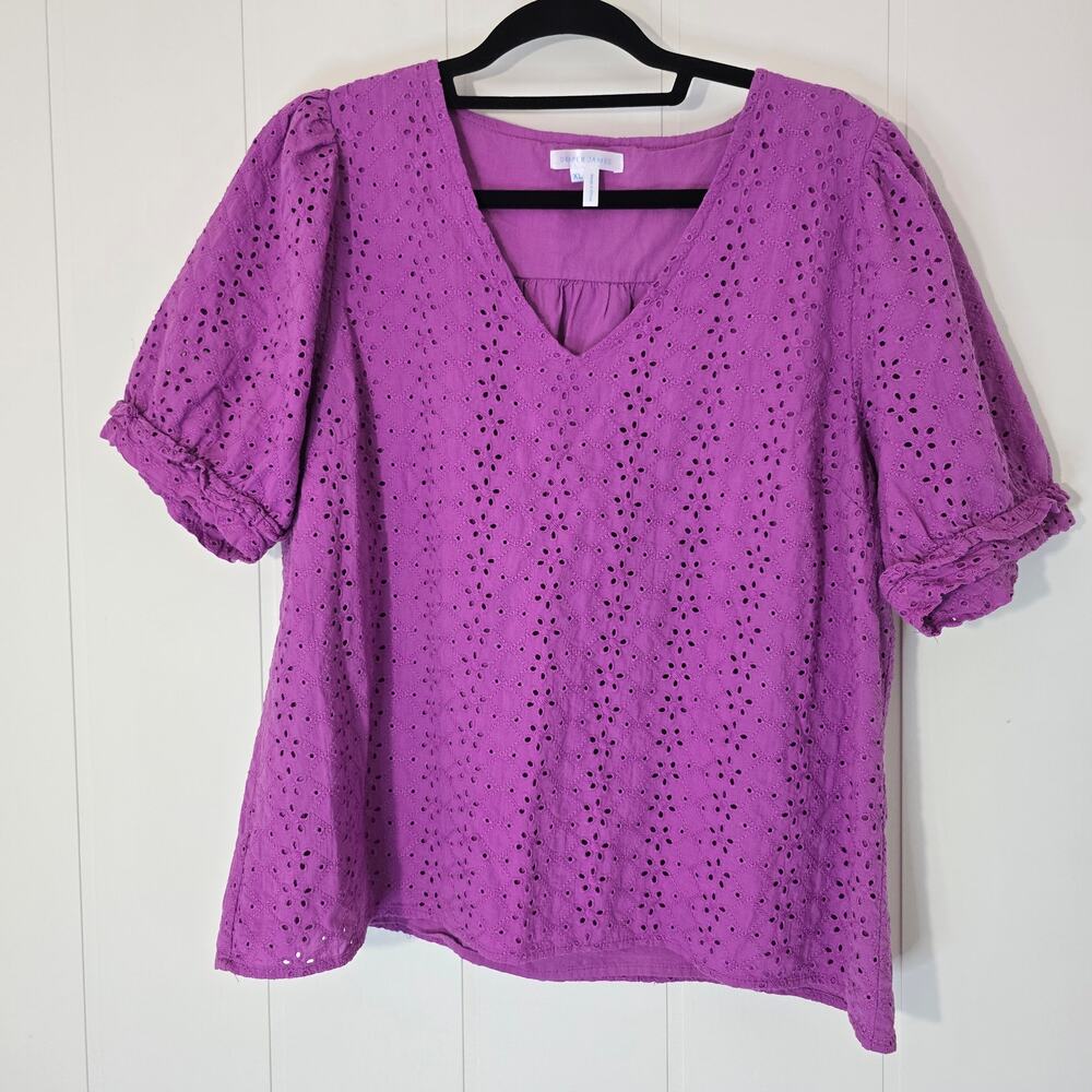 Draper James Purple Eyelet Blouse Boxy Cotton V Neck Lined Boho Size XL